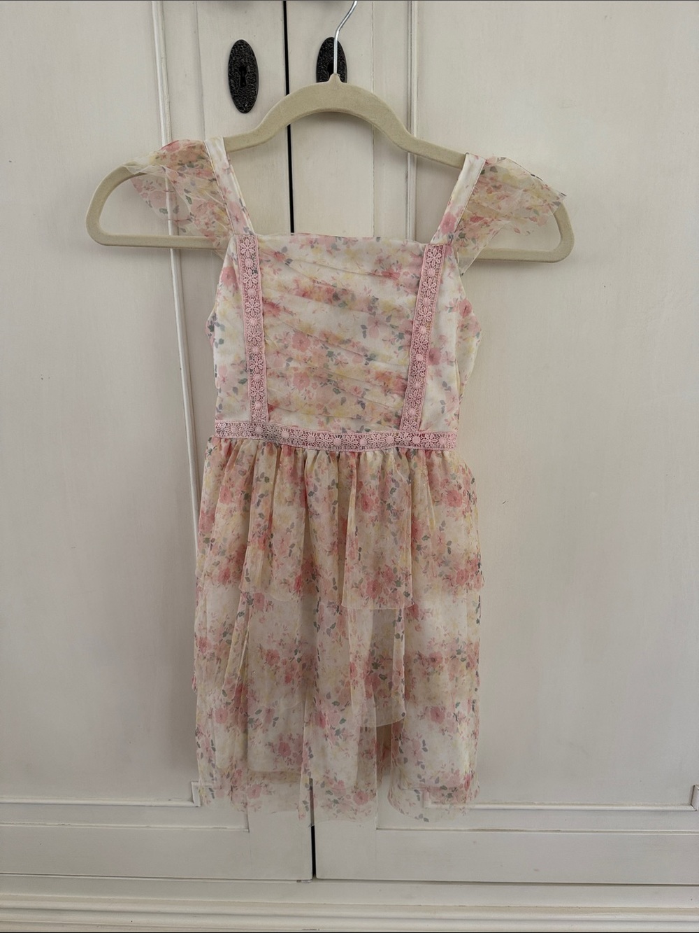 Girls' Pink Floral Layered Chiffon Dress
